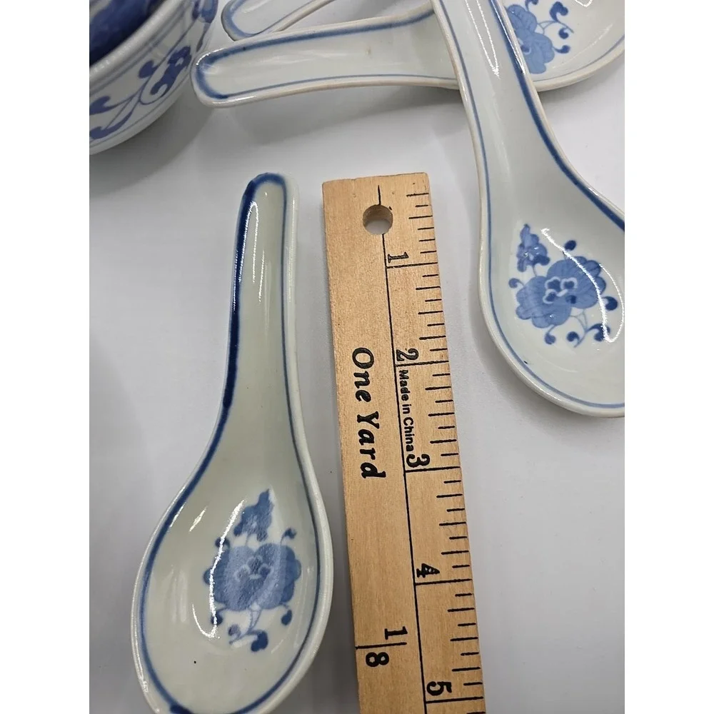 Vintage Chinese Porcelain Soup Rice Bowls (4) & Spoons (4) Eye Grain Style